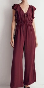 New Size XXL 2X Madewell Jacquard V-Neck Ruffled Jumpsuit Red Cabernet Maroon - Picture 1 of 5