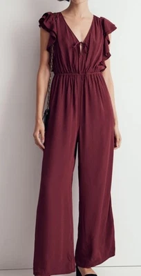 New Size XXL 2X Madewell Jacquard V-Neck Ruffled Jumpsuit Red Cabernet Maroon - Image 1 of 4