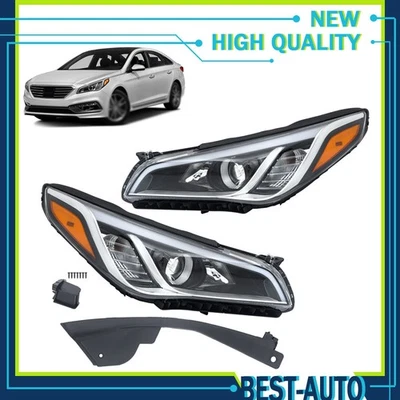 Replacement LH+RH Halogen Headlights Pair Fit For 2015-2017 Hyundai Sonata Black - Image 1 of 4