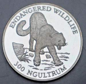 BHUTAN: 300 Ngultrum 1991: SCHNEELEOPARD ENDANGERED WILDLIFE 925SILBER exPP Be45 - Bild 1 von 2