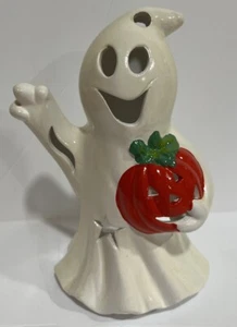 Statuina ceramica fantasma e zucca Halloween vintage portacandele tea light 6"H - Foto 1 di 6