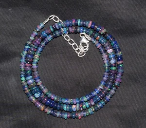 Natural Black Ethiopian Fire Opal Roundel beaded 16''Necklace 925 Silver F3741 - Picture 1 of 5
