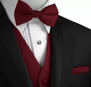 Men's Solid Satin Tuxedo Vest, Bow-Tie and Hankie Set. Formal Dress Wedding Prom - Picture 1 of 35