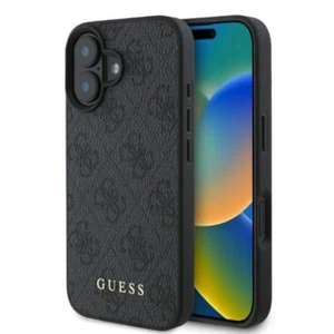 Hülle iPhone 16 Guess Kunstleder grau Muster Logo goldfarbig - Bild 1 von 4