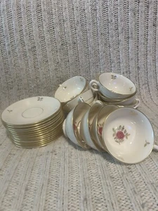 Big Lot Lenox RHODORA 12-TeaCups 13-Saucers 25P Set Gold Pink Rose P-471 GREAT - Picture 1 of 9
