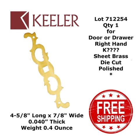 BACKPLATE DOOR or DRAWER Brass 4-5/8" x 7/8" Keeler N????? Right Polished 712254 Cover