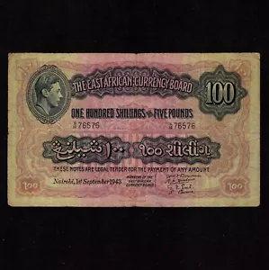 Ostafrika 100 Schilling 5 Pounds 1943 P-31b * F+, wenige ph 1 Riss im Up * - Bild 1 von 2