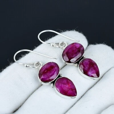 Kashmir Ruby Lab-Created Gemstone 925 Sterling Silver Handmade Earring Wife Gift - Image 1 of 4