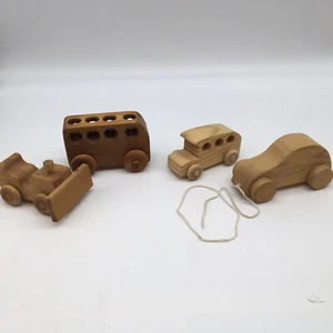 Handmade Vintage Wooden Toy Bulldozer, 2 Buses And Car With String. - Picture 1 of 6