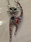 Betsey Johnson 3" Cat Pendant Brooch on a Silver Tone Necklace 28"-30"