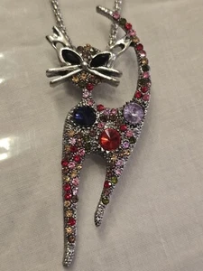 Betsey Johnson 3" Cat Pendant Brooch on a Silver Tone Necklace 28"-30" - Picture 1 of 6