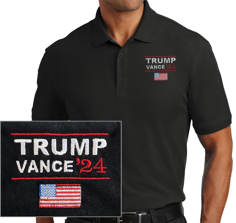 TRUMP VANCE 2024 BlACK Polo Shirt Embroidered USA FLAG Classic Design Nice Polo - Image 1 of 1