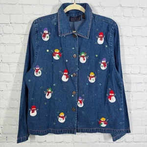 Camisa con botones para mujer XL azul cambray muñeco de nieve invierno Navidad vacaciones fiesta top - Imagen 1 de 8