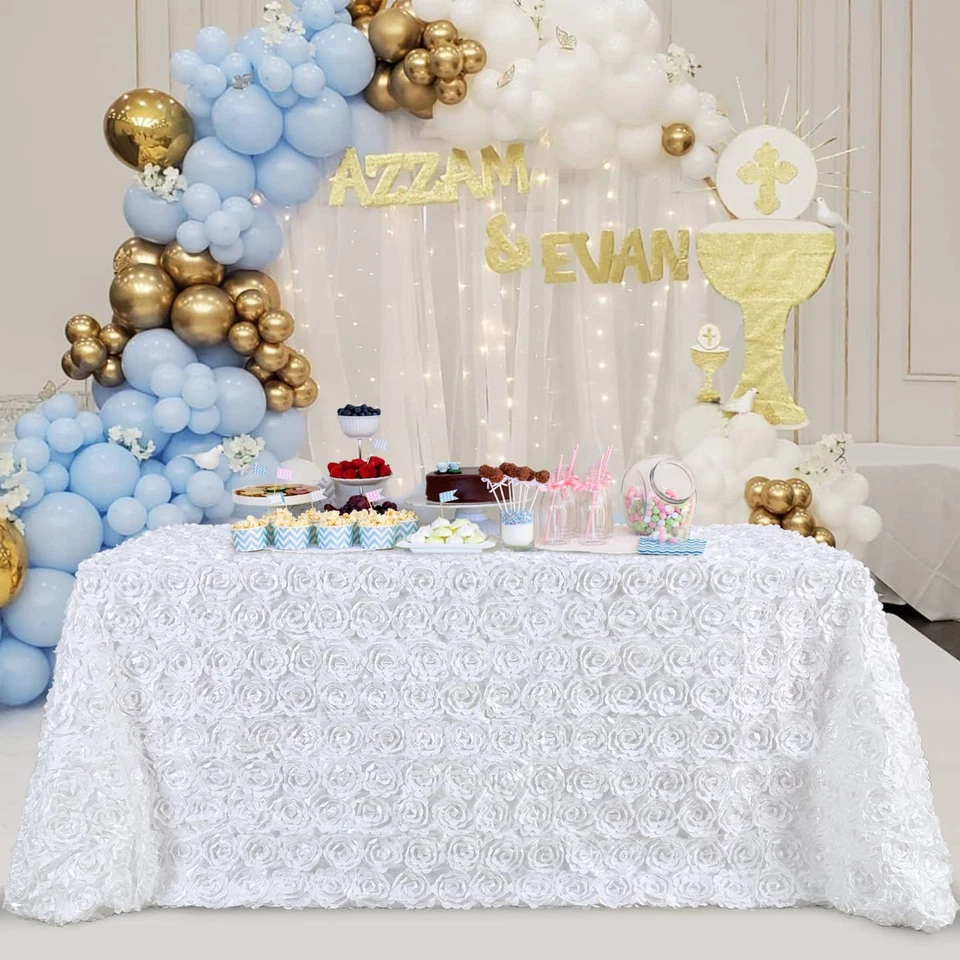 B-COOL Rosette Tablecloth: Rectangular White Table Covers 3D Floral Satin - Image 1 of 4