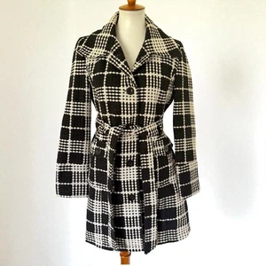 Vintage Y2K Black White Plaid Checkered Tweed Wool Blend Peacoat Belted L Large - Picture 1 of 20