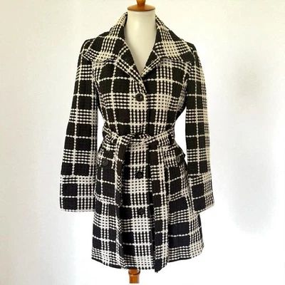 Vintage Y2K Black White Plaid Checkered Tweed Wool Blend Peacoat Belted L Large - Image 1 of 4