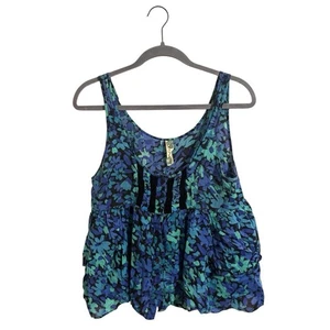 Free People Y2K Blue Floral Babydoll Cropped Button Up Top Medium - Picture 1 of 6