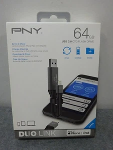 Unidad Flash PNY DUO Link 64 GB USB 3.0 OTG para Dispositivos iOS y Computadoras NUEVA/SELLADA - Imagen 1 de 5