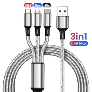 3 in 1 Fast USB Charging Cable Universal Multi Function CellPhone Charger Silver - Picture 1 of 2