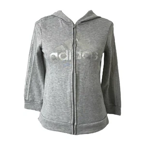 Girls Large Hoodie Adidas Grey Silver Logo Full Zip Athletic Long Sleeve - Picture 1 of 9