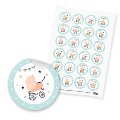 itenga 24x Sticker Aufkleber Kinderwagen mint Jungen Mädchen Baby Geburt Taufe - Bild 1 von 2