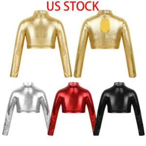 Kids Girls Crop Top Metallic Shiny Long Sleeve Tank Top T-Shirt Dance Leotard - Picture 1 of 19