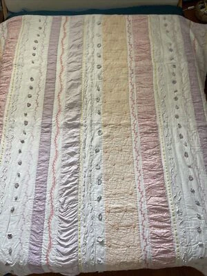 Pottery Barn Kids Girls Quilt Pastel Textured Floral Pink Yellow 82x82” Striped - Image 1 of 4