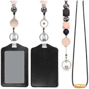 Retractable Lanyards for ID Badges and Keychain with PU Leather Holder8789 - Imagen 1 de 5