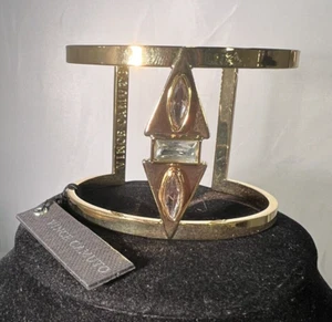 NWT Designer Signed VINCE CAMUTO Gold Tone Metal T-BAR Rhinestone Cuff Bracelet - Picture 1 of 5