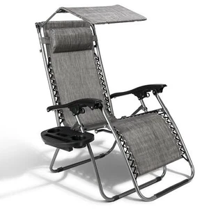 Heavy Duty Zero Gravity Folding Lounge Beach Chair With Canopy + Cup Holder Gray - Picture 1 of 12