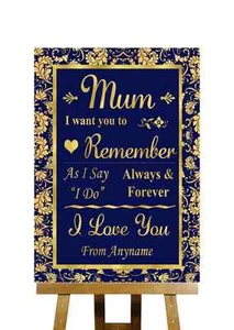 Mensaje azul y dorado para mamá cartel de boda personalizado - Imagen 1 de 8