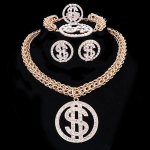 Vergoldet Kristall Dollarzeichen mit dicker Box Kette 4 & 2 Stück Schmuck Set - Bild 1 von 21