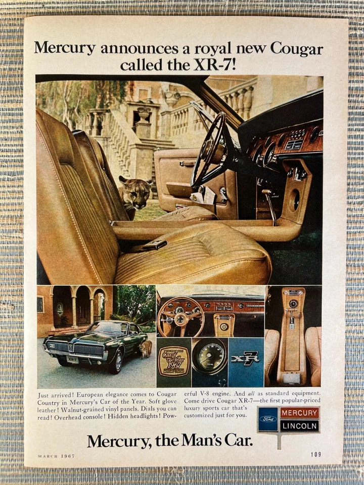 Mercury Cougar XR-7 Car Ford Lincoln 1967 Vintage Print Ad - Image 1 of 1