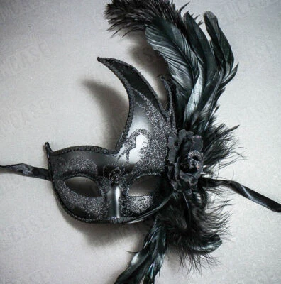 Women Female Face Masquerade Prom Luxury Party Mask Costume with Feather Black - Image 1 of 4