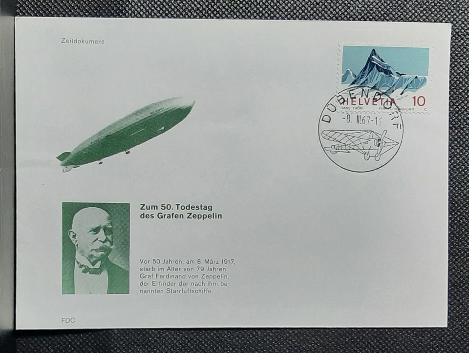 (SWI-221) SWITZERLAND 1967 FDC Zum 50 Todestag des Grafen Zeppelin Dubendorf pmk - Image 1 of 1