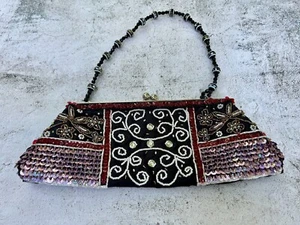 Black Bling Colorful Beaded Clutch Purse 11" X 4" Kisslock Evening Formal Wear - Picture 1 of 7