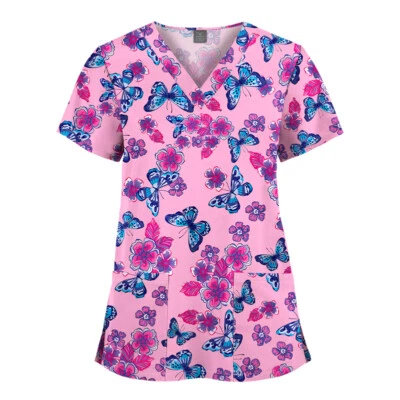 NiaaHinn Printed V-Neck Scrub Tops Women Men Medical Nursing Solid Straight Pant - Image 1 of 4