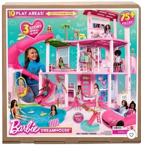 Barbie Dreamhouse Pool Party Maison de poupée avec 75+ pièces, diapositive 3 étages : assemblage adulte - Photo 1/3