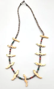 Vtg Santo Domingo Heishi Bird Critter Fetish Necklace Coral Turquoise Beads - Picture 1 of 19