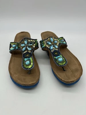 Sandálias anabela femininas White Mountain 9M ponto brilhante com miçangas joias azul verde - Imagem 1 de 4