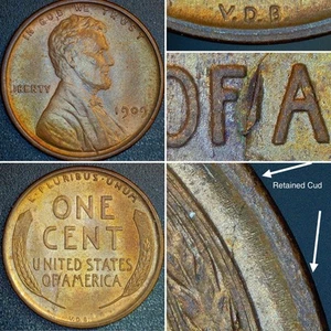 🔥 RARE RETAINED CUD DIE BREAK BU RD 1909 VDB Lincoln Wheat Cent 1c Penny Toned - Picture 1 of 10