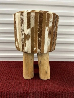 Rustic Cowhide Patchwork Stool Solid Wood Legs Western Boho Country Accent 17” - Image 1 of 4