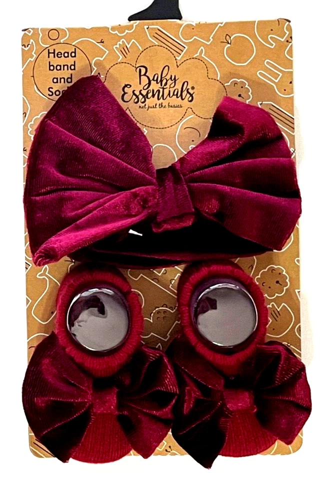 NWT INFANT GIRLS BABY ESSENTIALS BURGANDY WINE HEADBAND BOW & SOCKS SET - Image 1 of 1