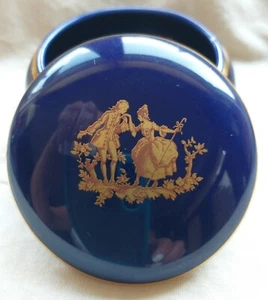 LIMOGES FRANCE COBALT BLUE TRINKET BOX w/LID 22K GOLD COURTING COUPLE - Picture 1 of 6