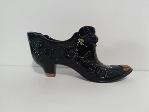 Fenton Art Glass Black Hand Painted Shoe Signed 6" - Picture 1 of 6