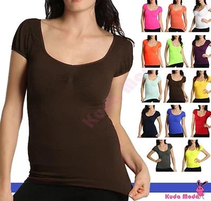 Sexy Women Seamless Low Cut Scoop Neck Short Sleeve Shirt T-Shirt Top Dress - Picture 1 of 25