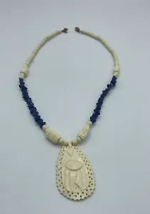 Vintage Carved Pendant & Beaded Necklace White Cream Blue - Picture 1 of 20