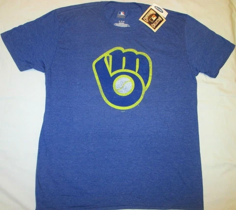 Men MILWAUKEE BREWERS Retro Logo T-SHIRT Heather BLUE Cooperstown Collection MLB Cover