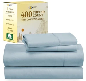 Queen Sheet Set - Soft 400 Thread Count Sateen, Natural 100% Cotton Sheets fo... - Picture 1 of 9