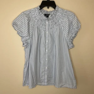 J.CREW Top Women Large Blue Stripe Smocked Neck Blouse Short Sleeve CA976 - Picture 1 of 14